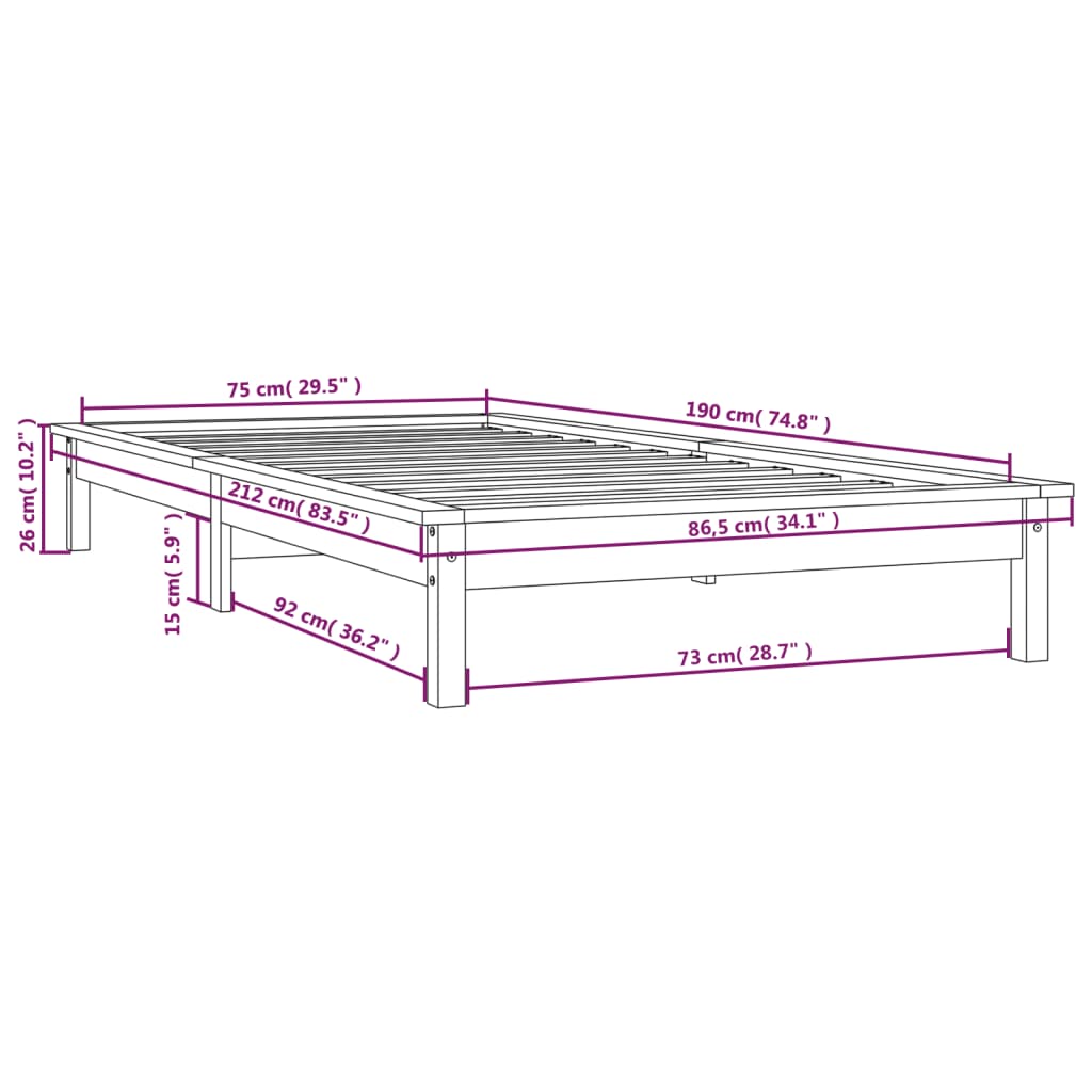 vidaXL Cadre de lit Marron miel 75x190 cm Bois pin massif Petit simple