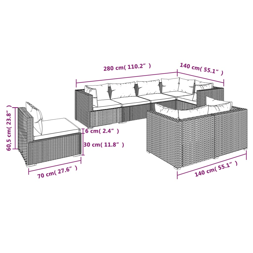 vidaXL Salon de jardin 8 pcs avec coussins Résine tressée Marron