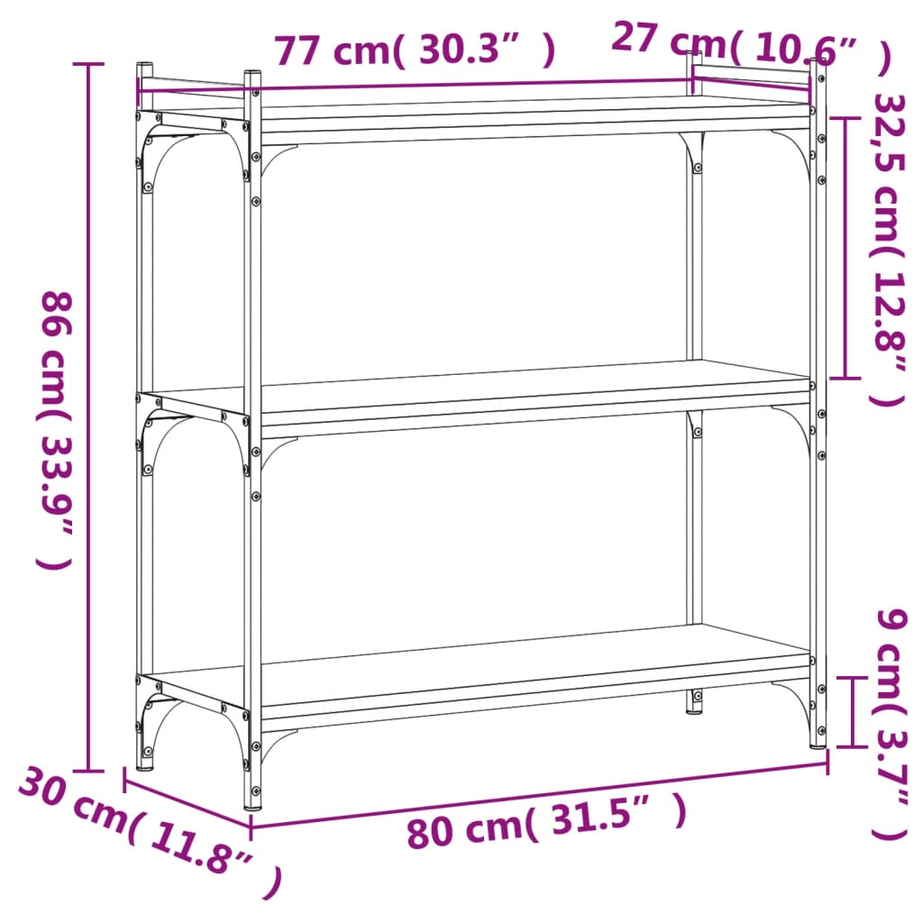 vidaXL Bibliothèque 3 niveaux chêne fumé 80x30x86 cm bois d'ingénierie