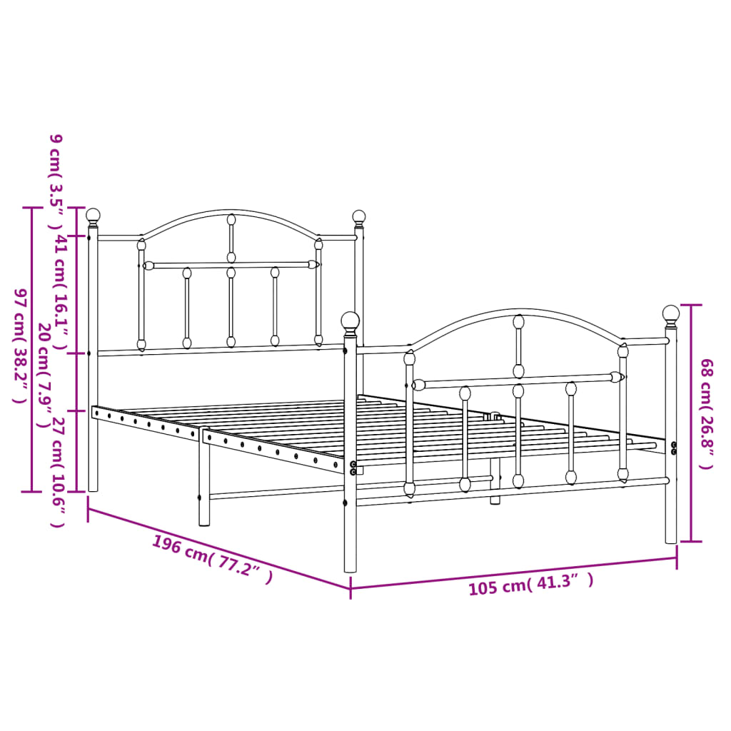 vidaXL Cadre de lit métal sans matelas avec pied de lit noir 100x190cm