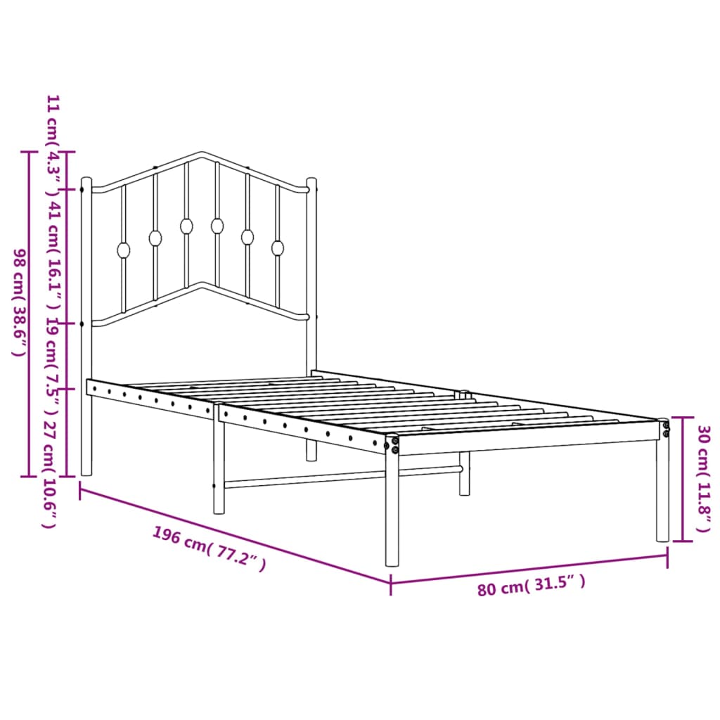 vidaXL Cadre de lit métal sans matelas avec tête de lit noir 75x190 cm