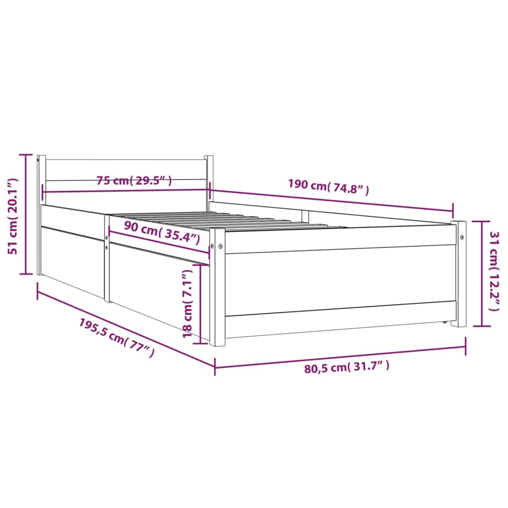 vidaXL Cadre de lit avec tiroirs blanc 75x190 cm