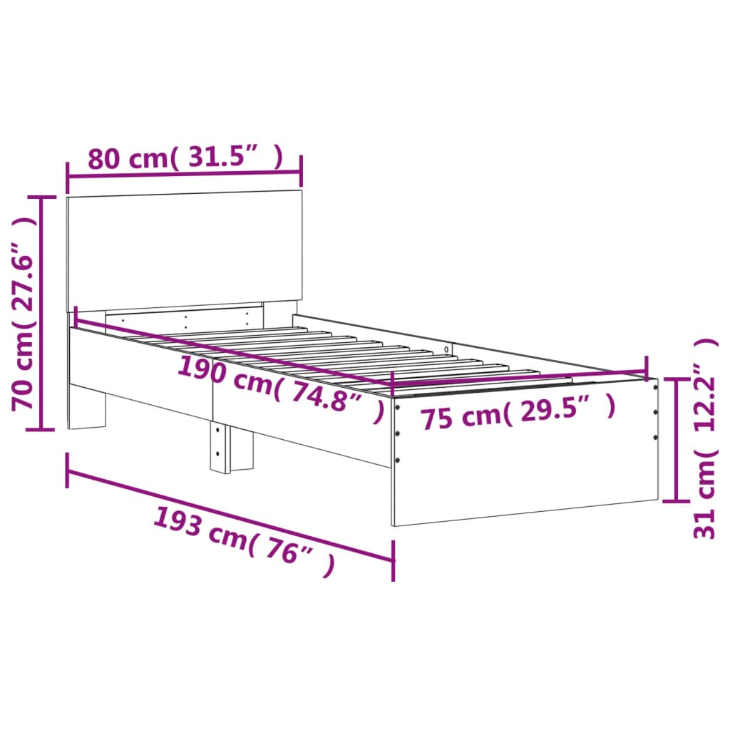 vidaXL Cadre de lit sans matelas avec lumières LED 75x190 cm