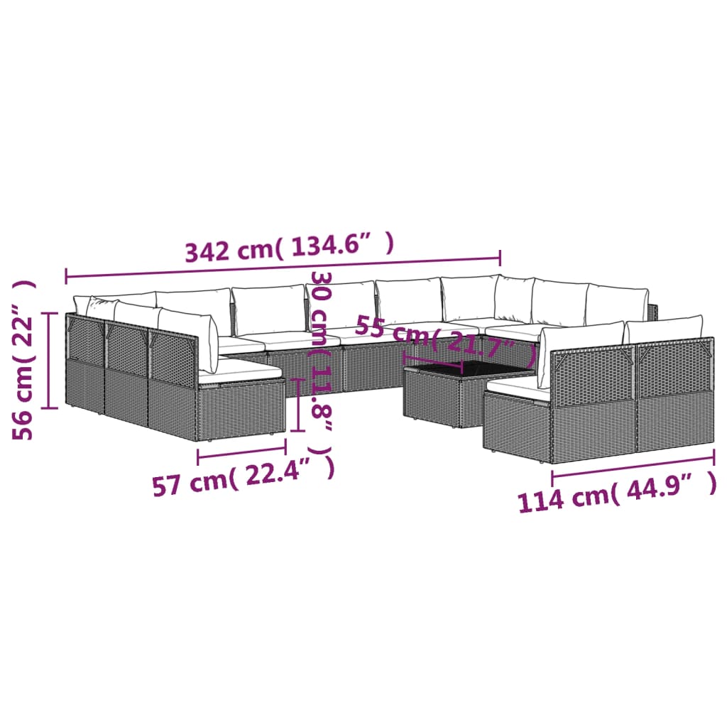 vidaXL Salon de jardin 13 pcs avec coussins Gris Résine tressée