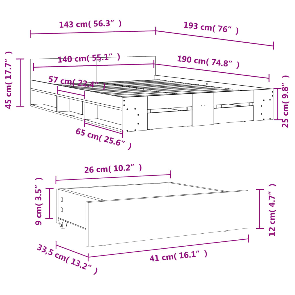 vidaXL Cadre de lit avec tiroirs sans matelas chêne fumé 140x190 cm