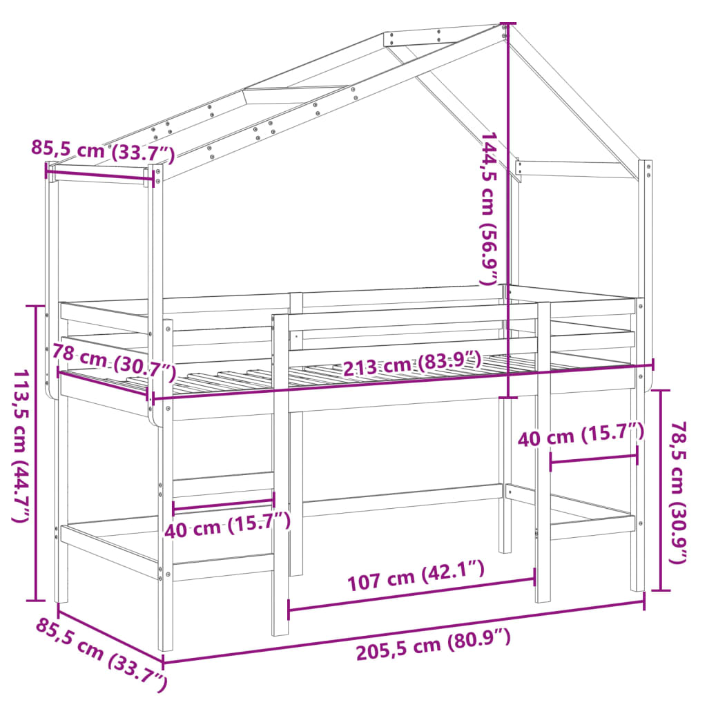 vidaXL Lit superposé et échelle et toit blanc 80x200cm bois pin massif