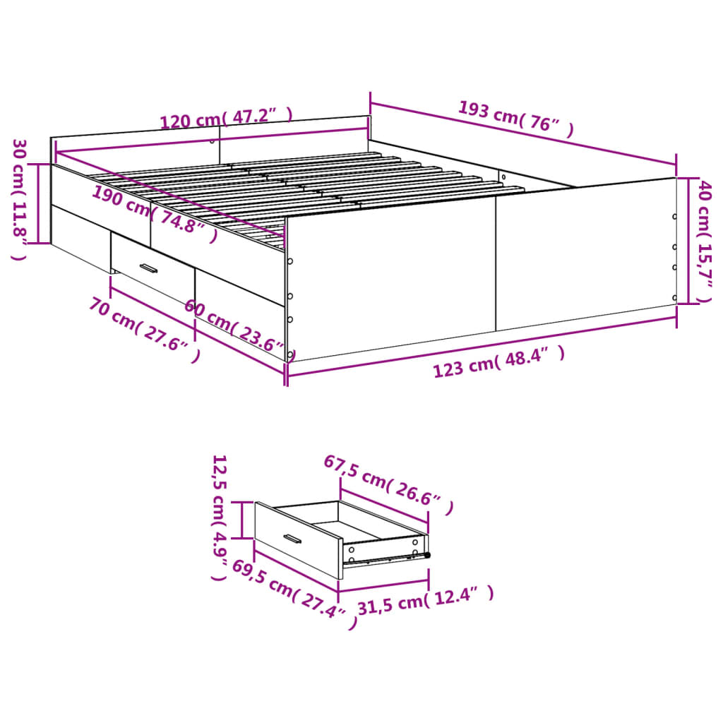 vidaXL Cadre de lit avec tiroirs sans matelas chêne marron 120x190 cm