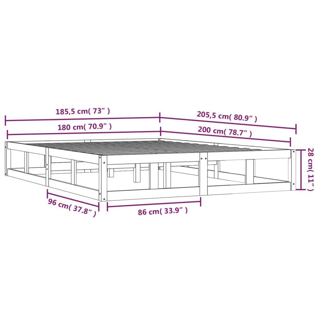 vidaXL Cadre de lit Noir 180x200 cm Super King Bois massif