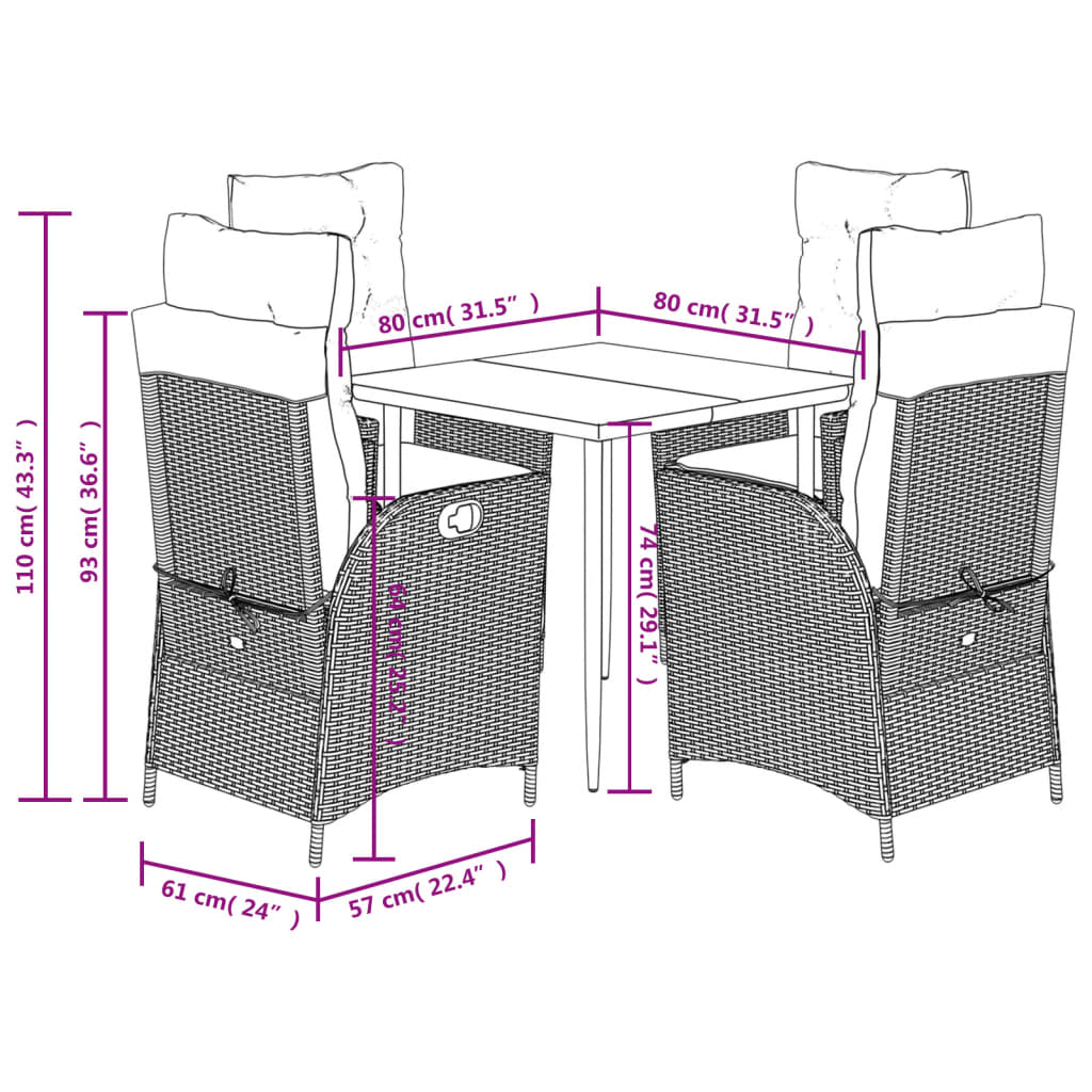 vidaXL Ensemble à manger de jardin coussins 5pcs Noir Résine tressée