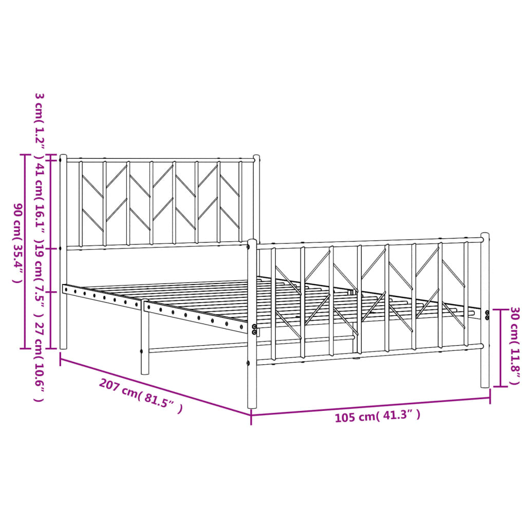 vidaXL Cadre de lit métal sans matelas et pied de lit noir 100x200 cm