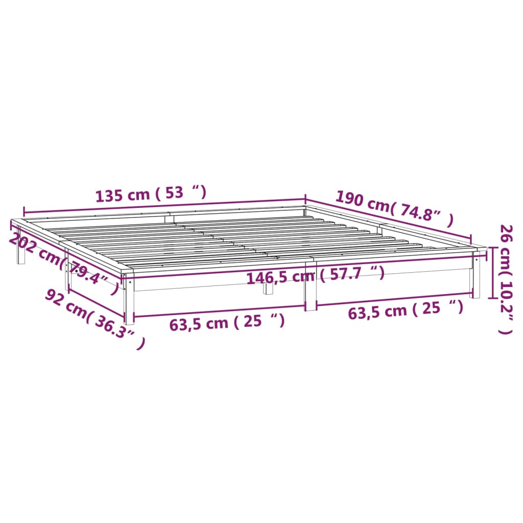 vidaXL Cadre de lit à LED noir 135x190 cm double bois massif