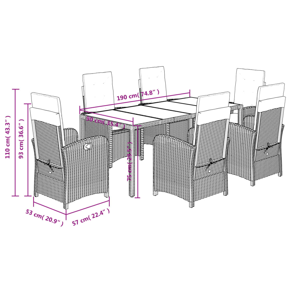 vidaXL Ensemble à manger de jardin coussins 7pcs Noir Résine tressée