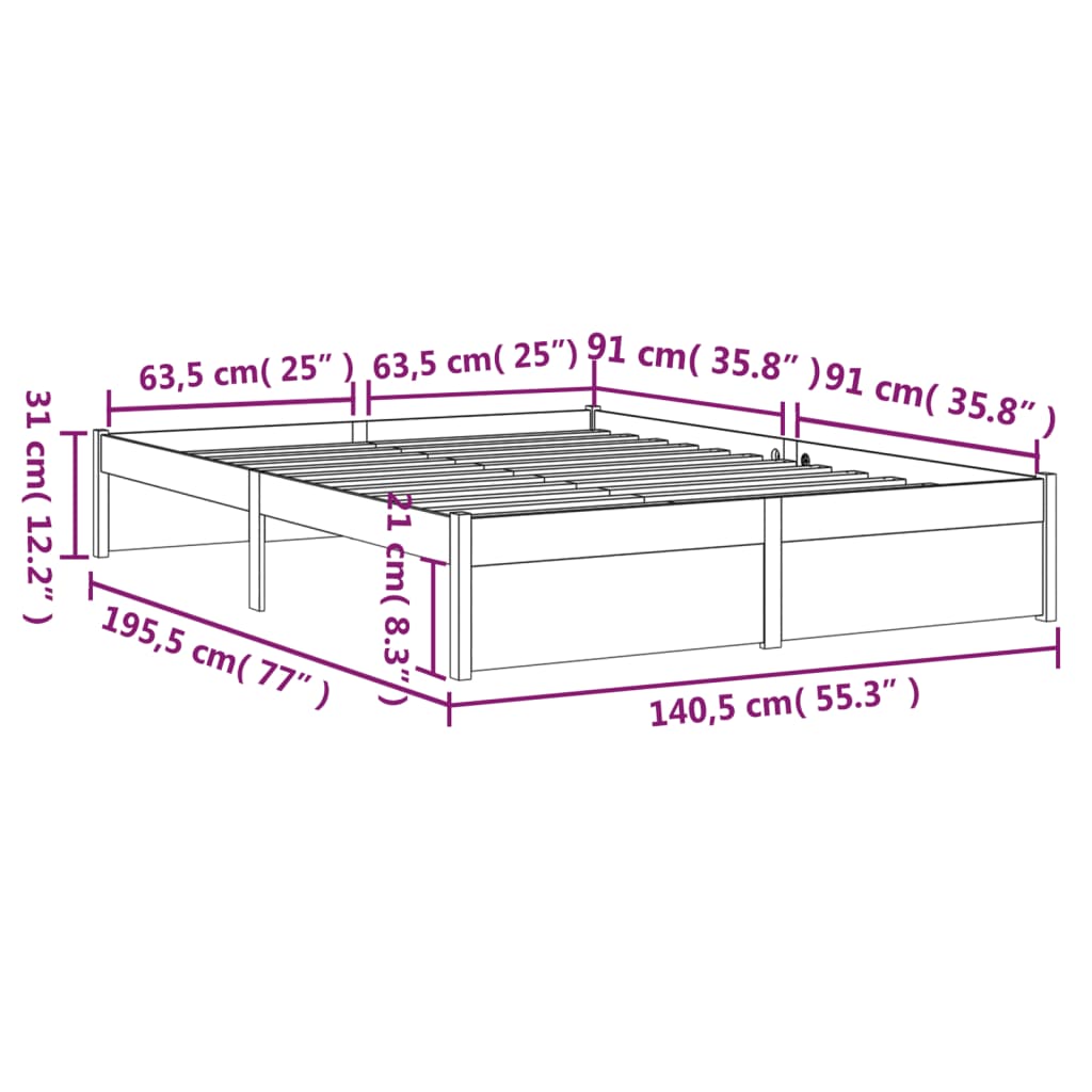 vidaXL Cadre de lit Noir Bois massif 135x190 cm Double