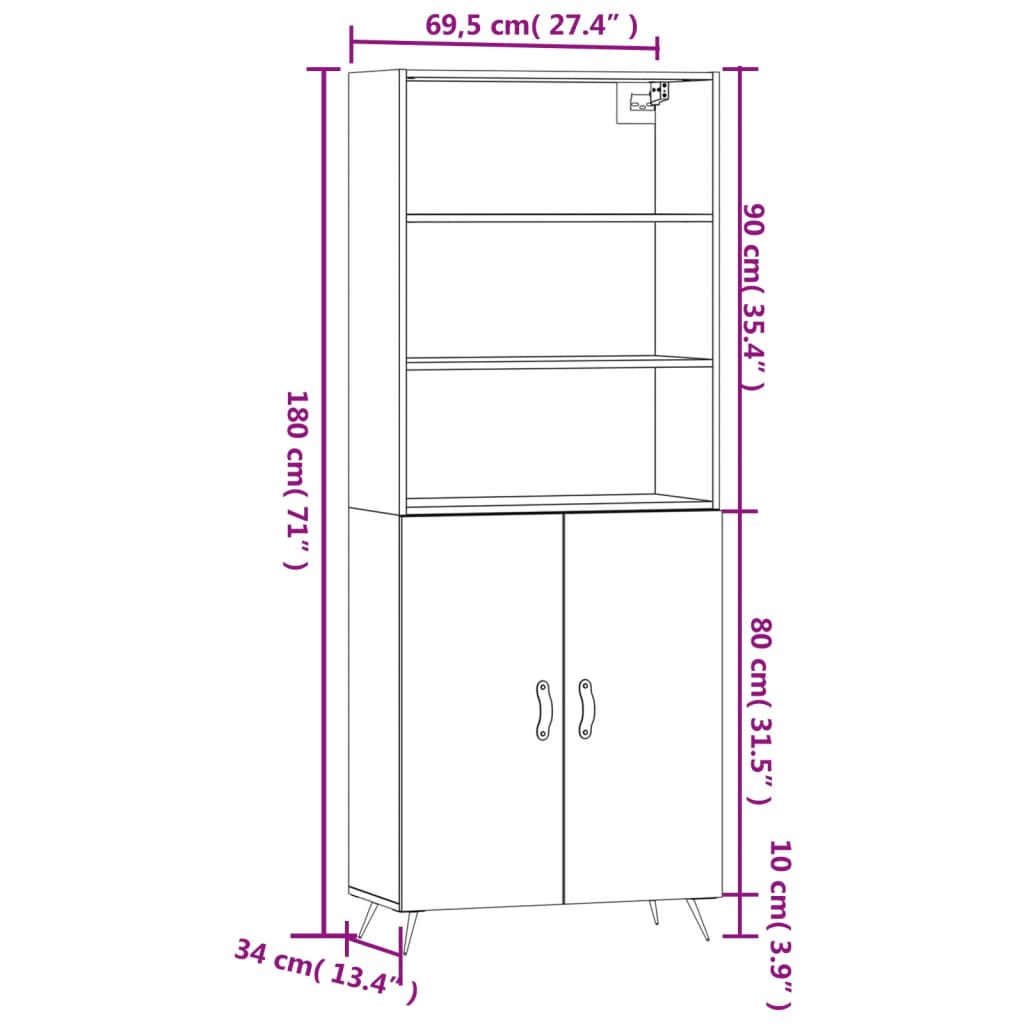 vidaXL Buffet haut Gris béton 69,5x34x180 cm Bois d'ingénierie