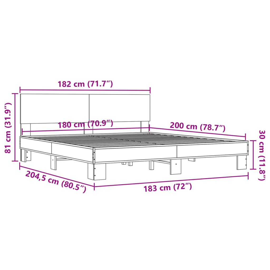 vidaXL Cadre de lit chêne sonoma 180x200 cm bois d'ingénierie et métal