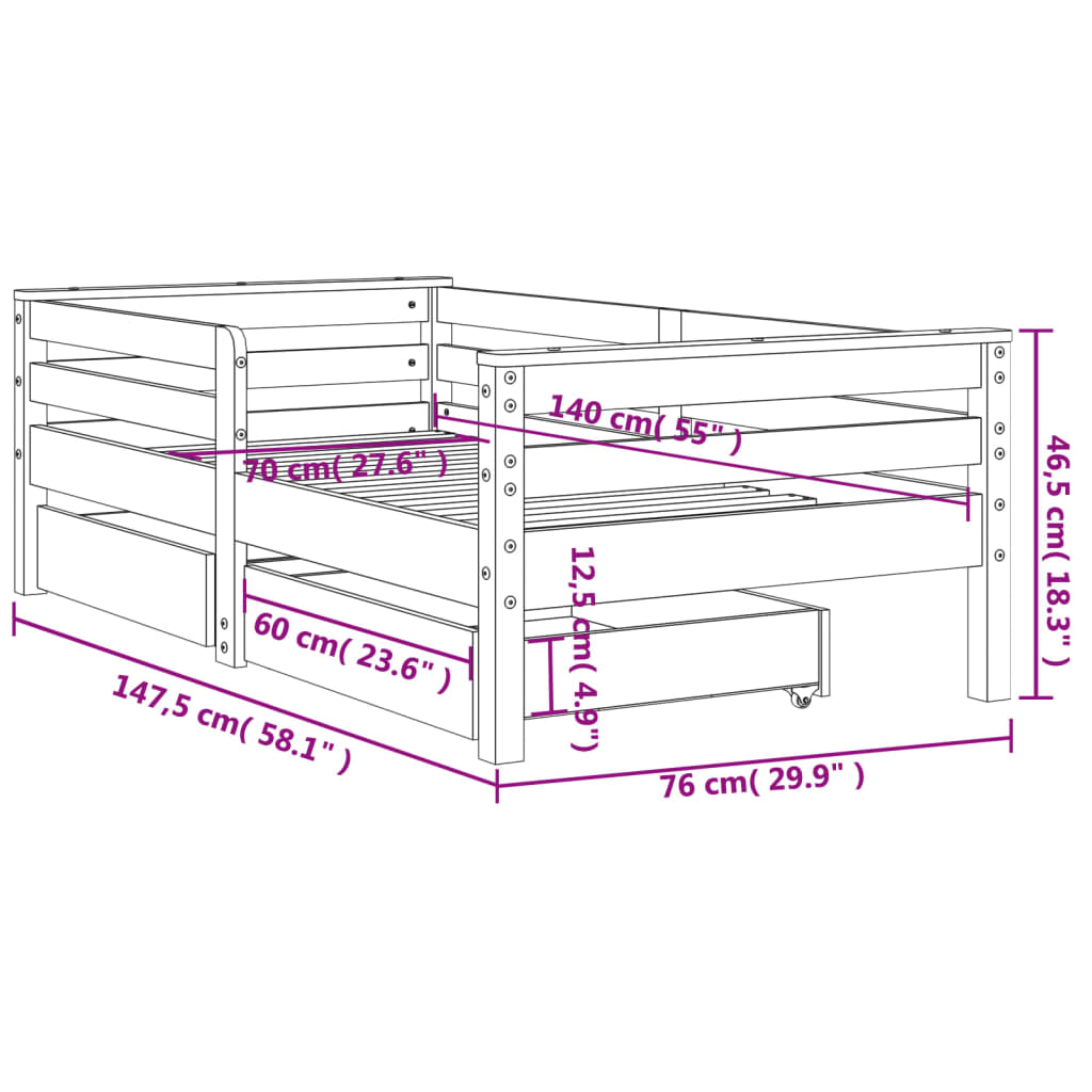 vidaXL Cadre de lit enfant avec tiroirs noir 70x140 cm bois pin massif