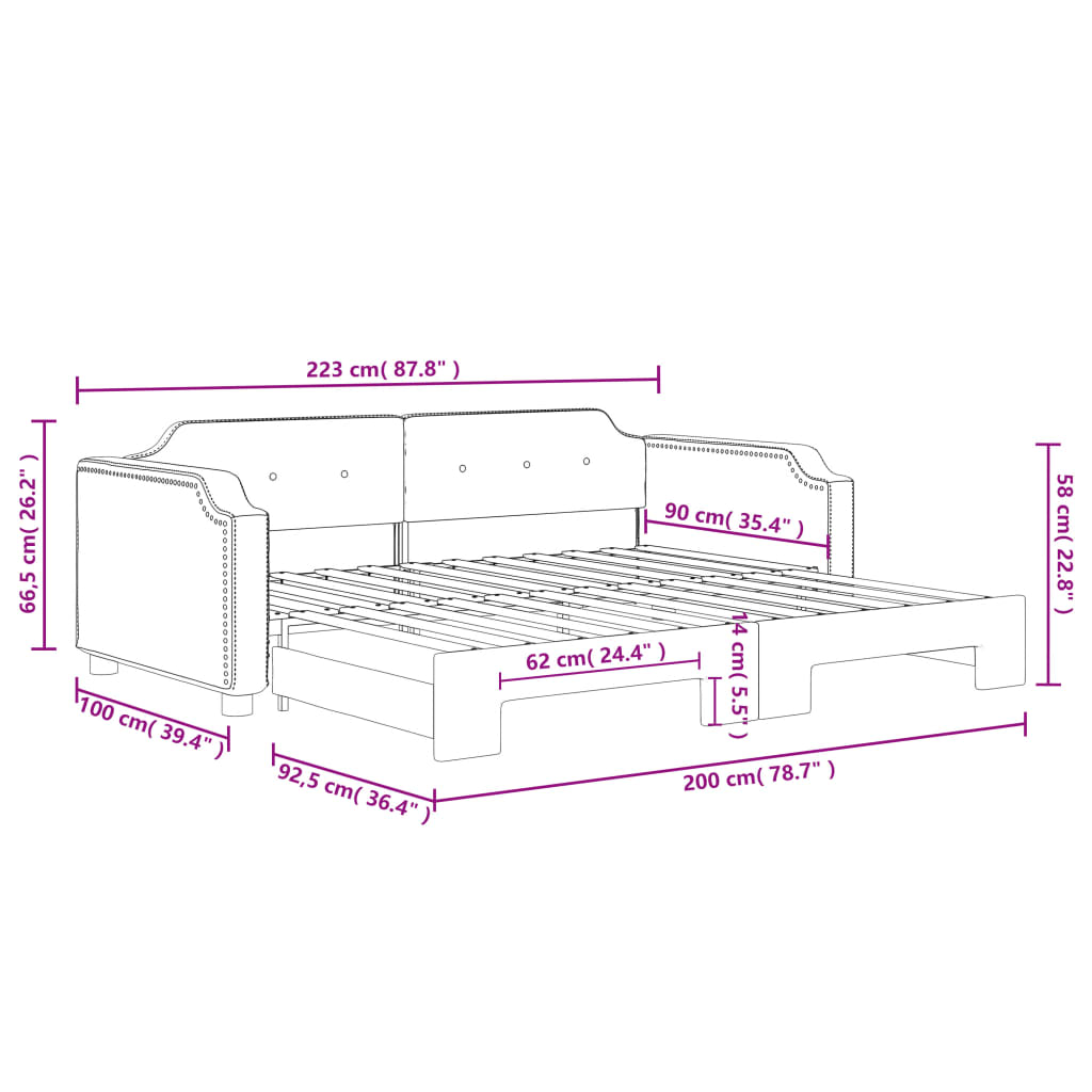 vidaXL Lit de jour avec lit gigogne noir 90x200 cm tissu