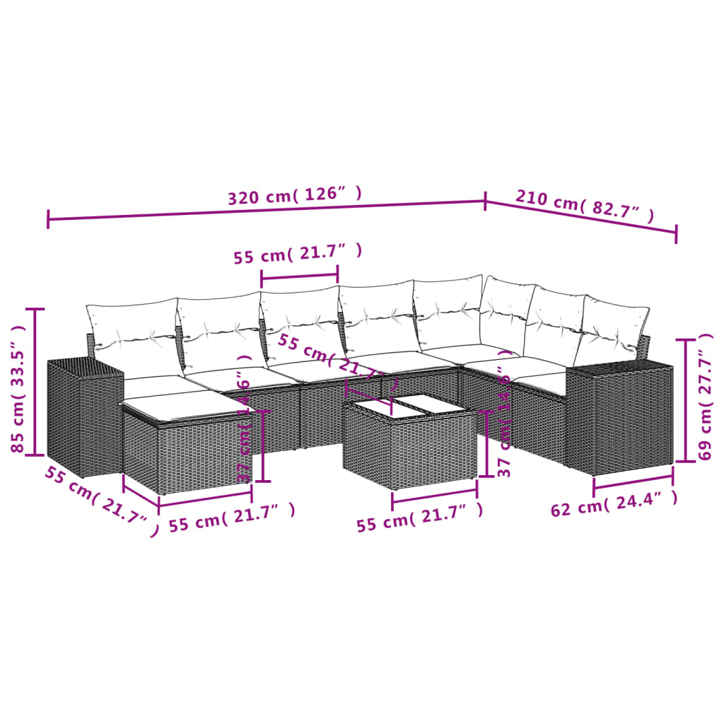 vidaXL Salon de jardin 9 pcs avec coussins noir résine tressée