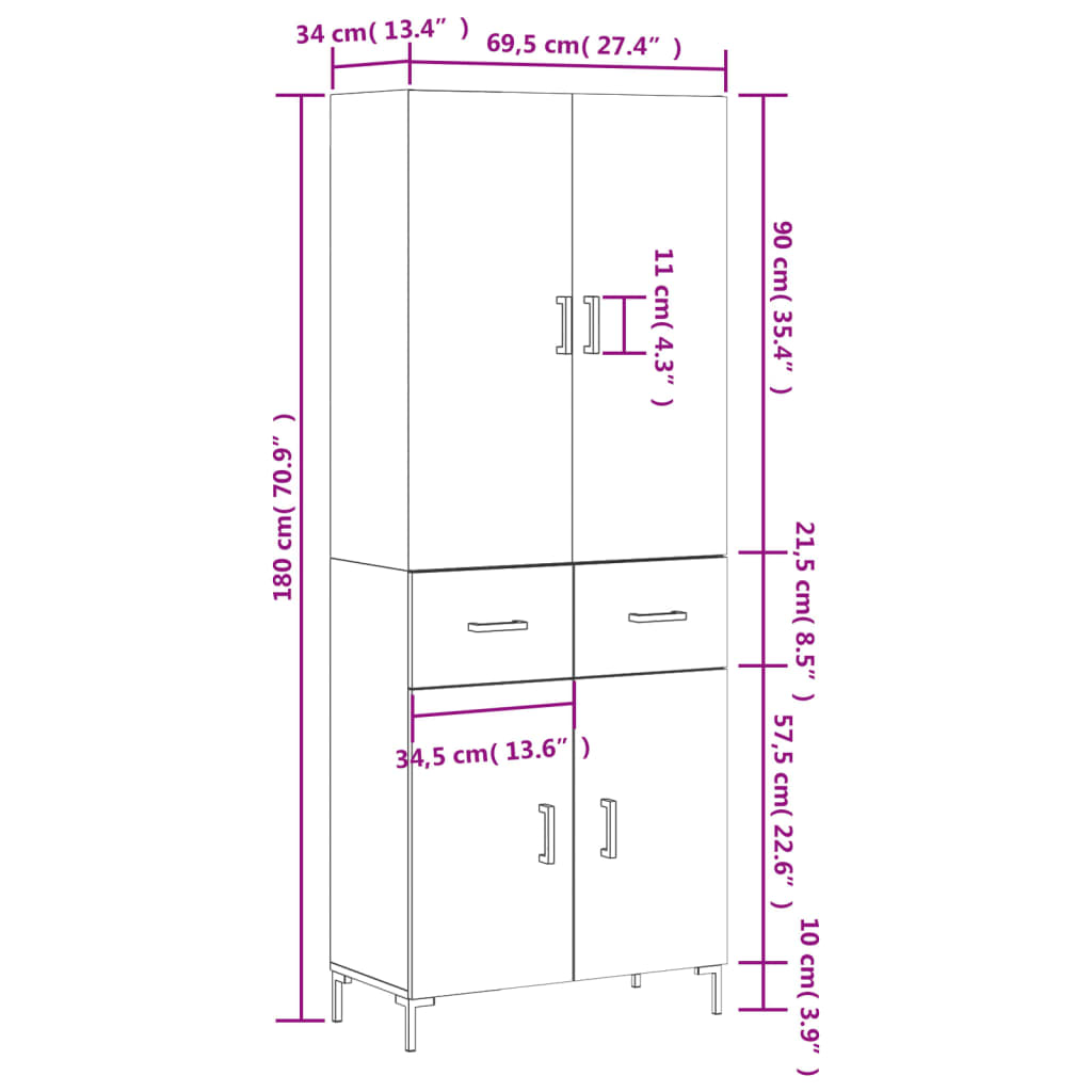 vidaXL Buffet haut Gris béton 69,5x34x180 cm Bois d'ingénierie