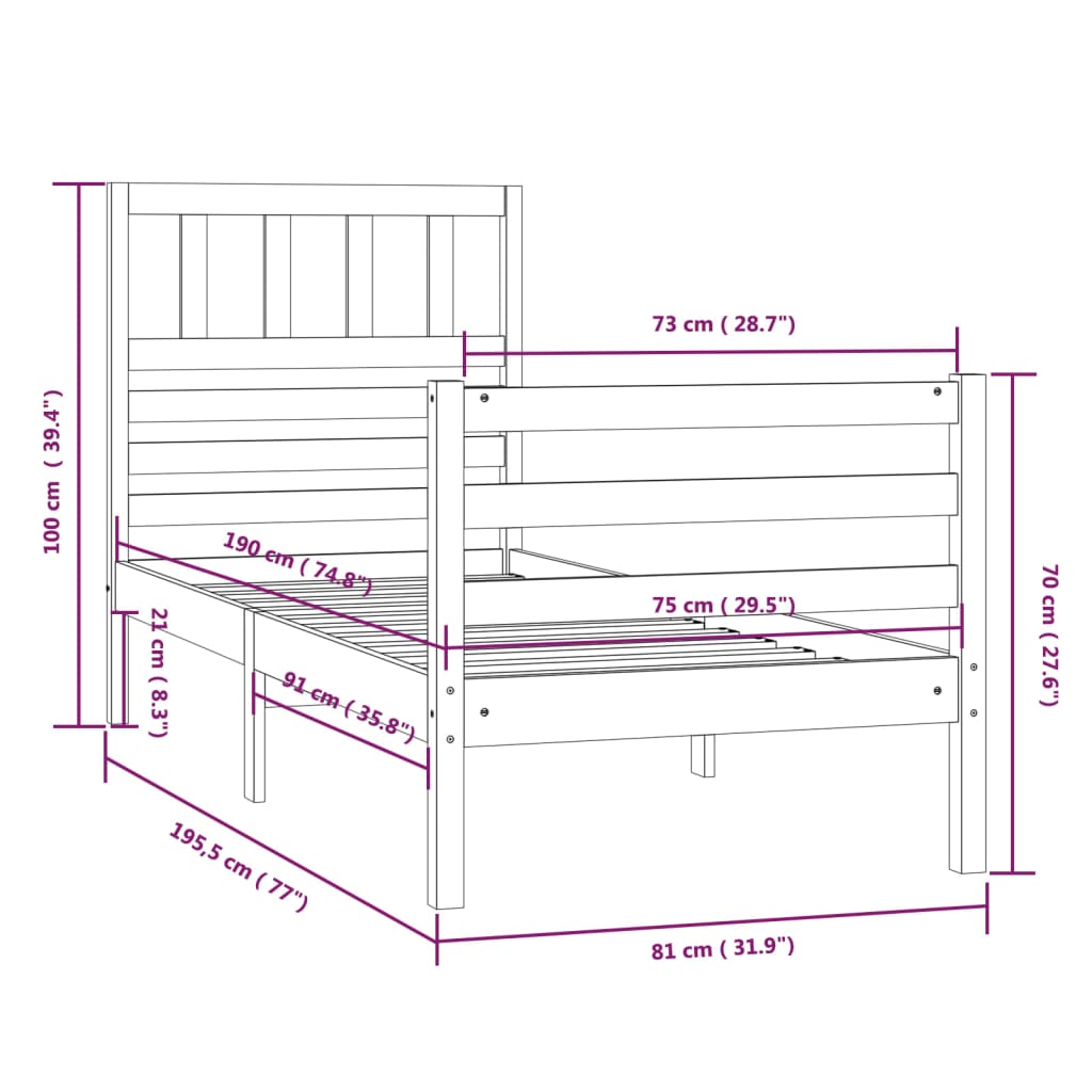 vidaXL Cadre de lit sans matelas 75x190 cm bois massif