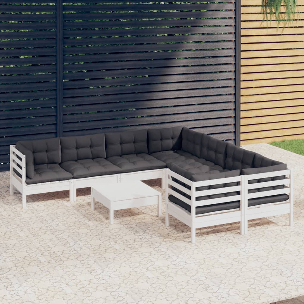 vidaXL Salon de jardin 9 pcs avec coussins blanc bois de pin