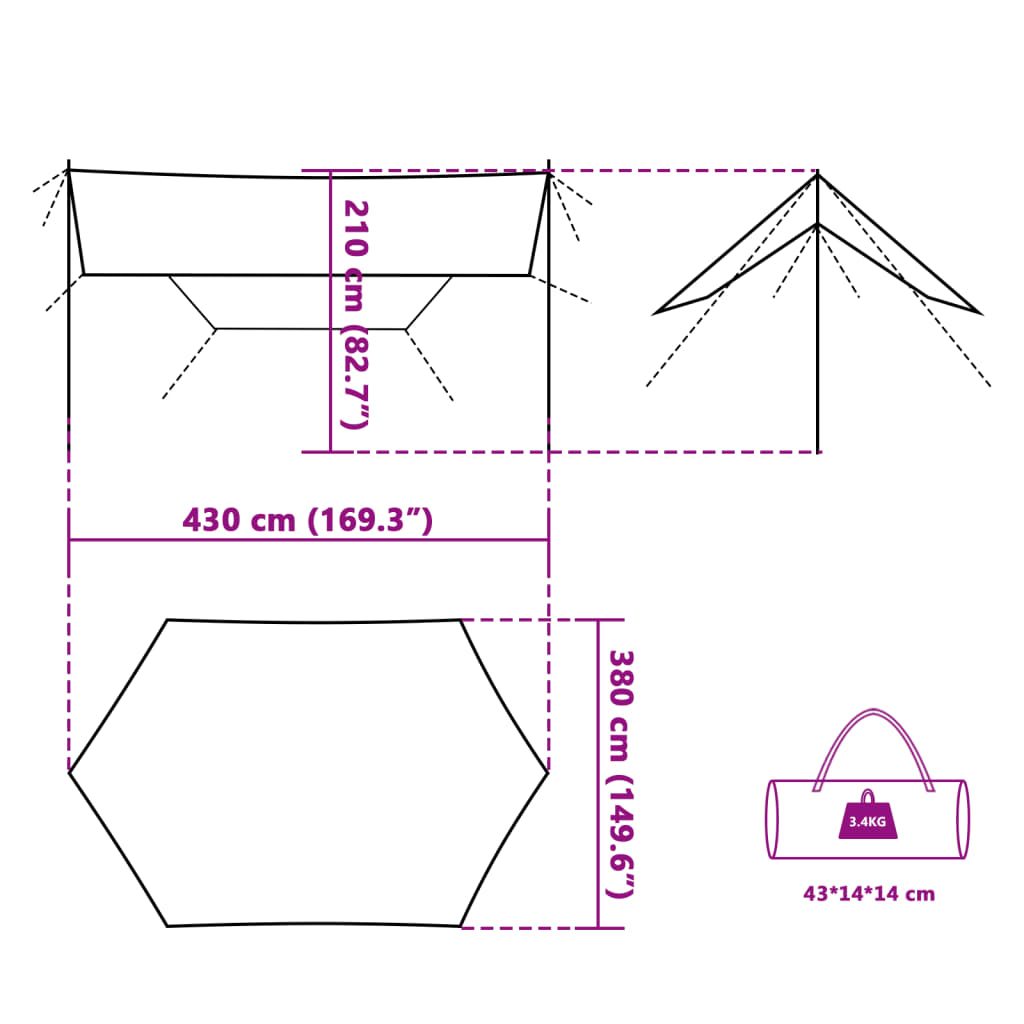 vidaXL Bâche de camping vert 430x380x210 cm imperméable