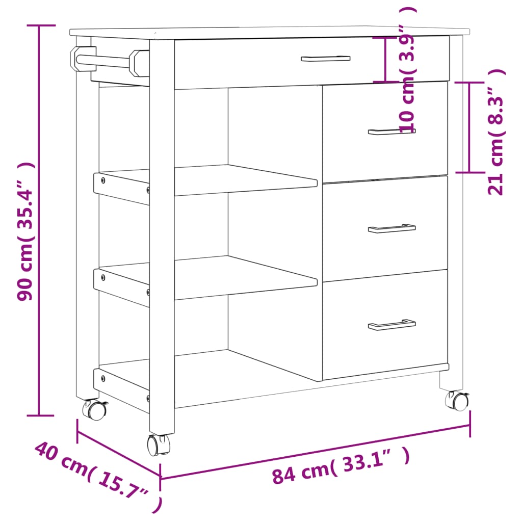 vidaXL Chariot de cuisine MONZA 84x40x90 cm bois massif de pin