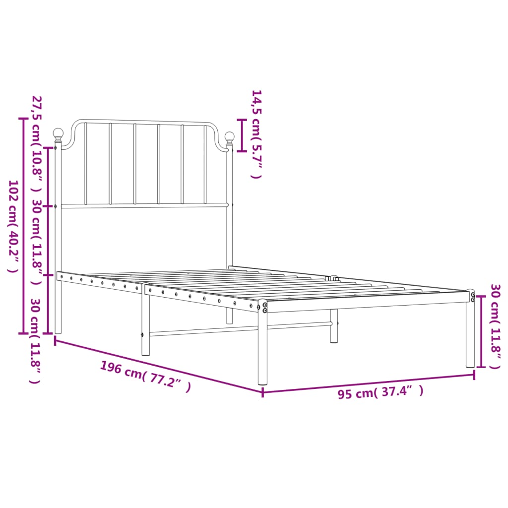 vidaXL Cadre de lit métal sans matelas avec tête de lit blanc 90x190cm