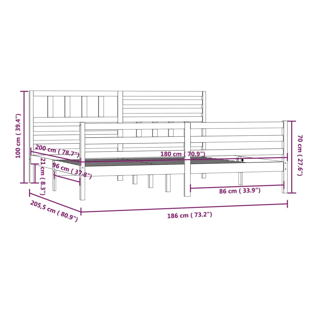 vidaXL Cadre de lit 180x200 cm Super King Bois massif