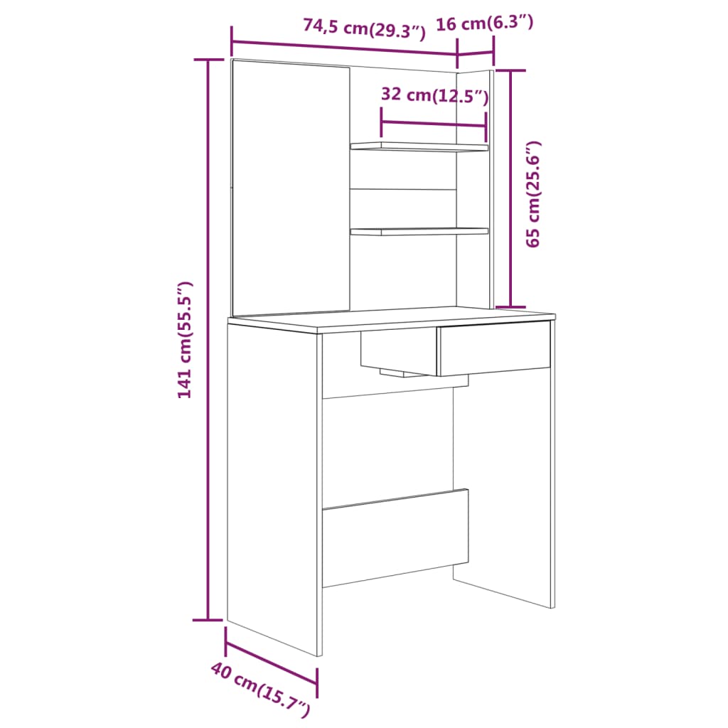 vidaXL Coiffeuse avec miroir blanc 74,5x40x141 cm