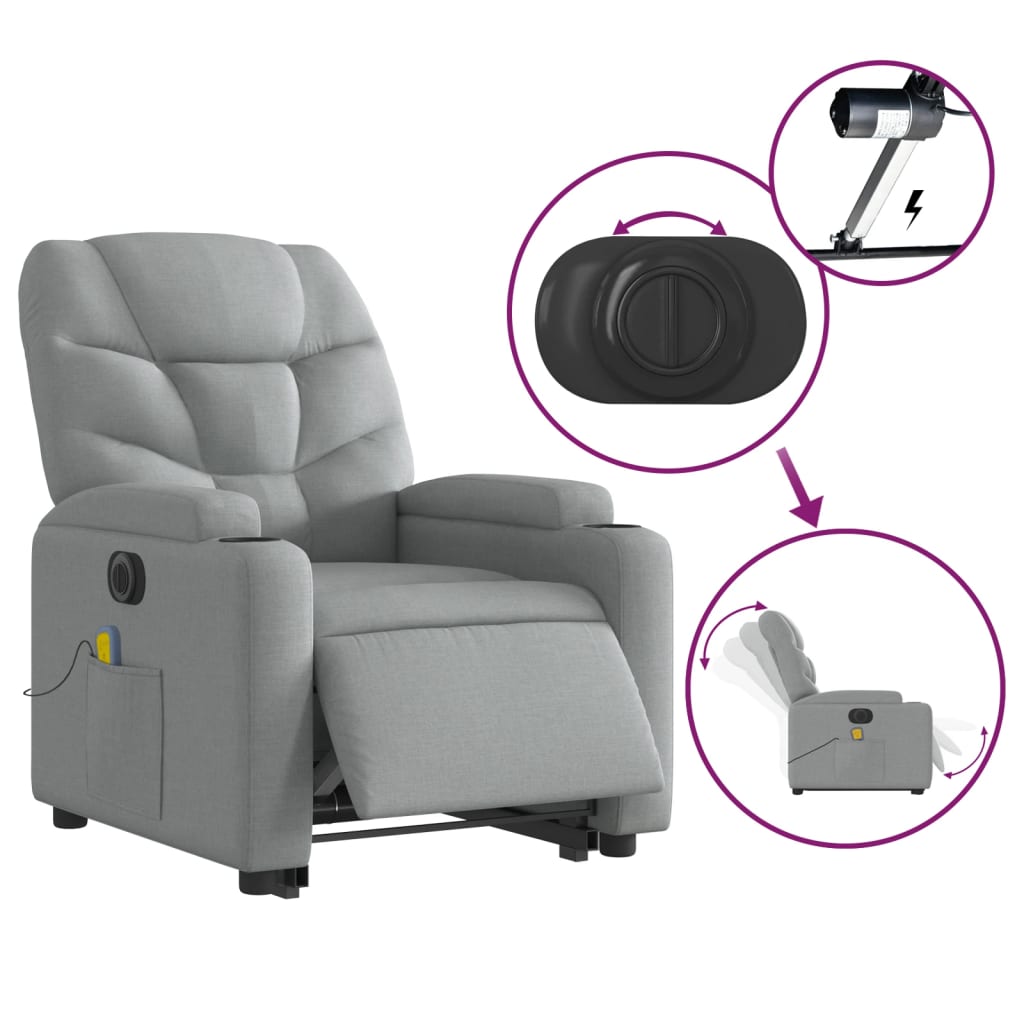 vidaXL Fauteuil inclinable de massage électrique Gris clair Tissu