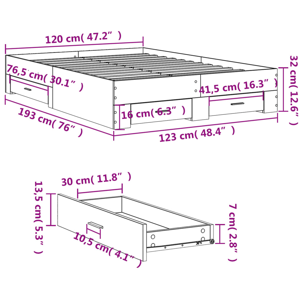 vidaXL Cadre de lit avec tiroirs sans matelas blanc 120x190 cm