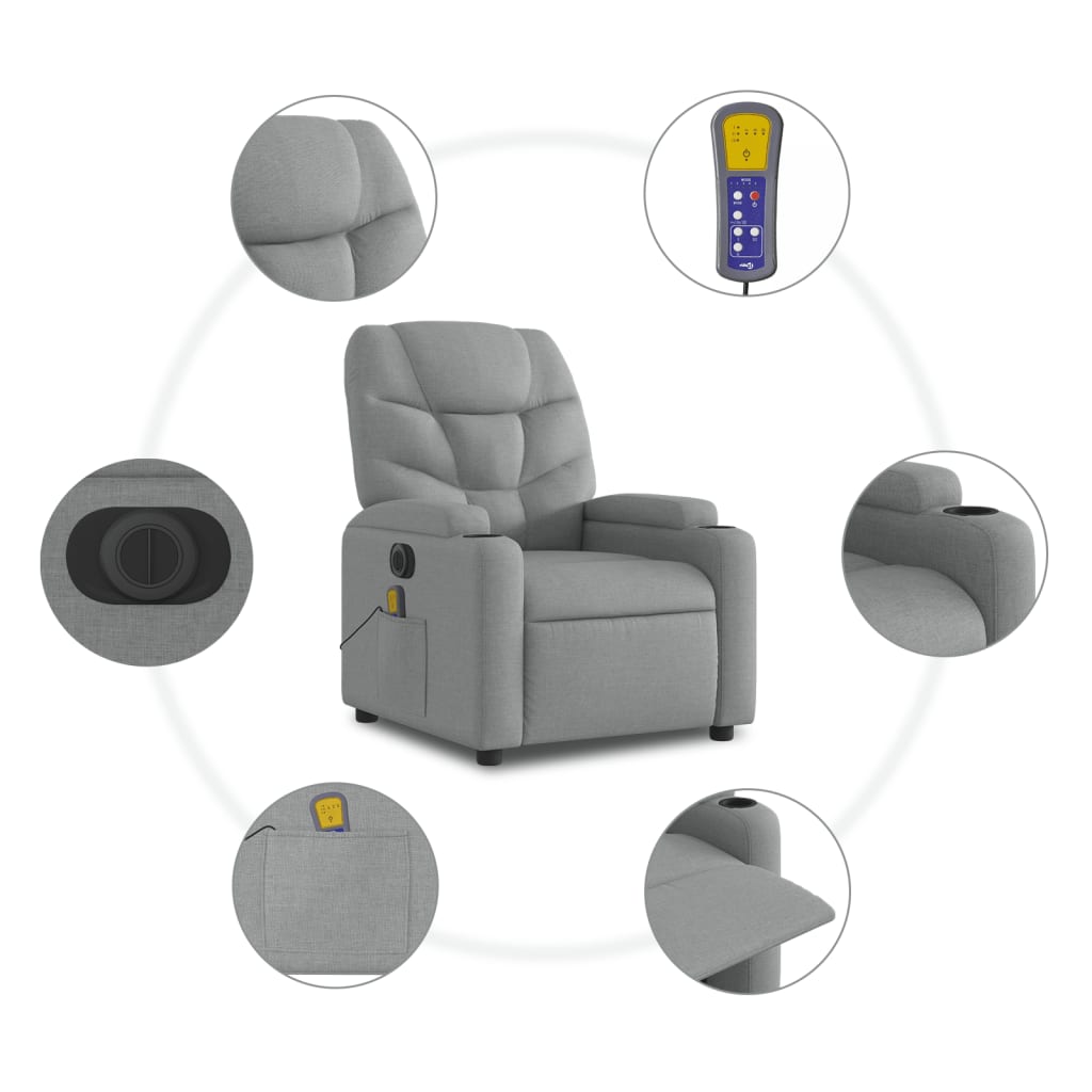 vidaXL Fauteuil inclinable de massage électrique Gris clair Tissu