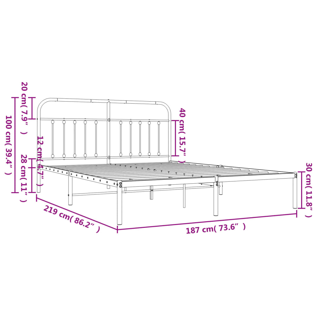 vidaXL Cadre de lit métal sans matelas avec tête de lit noir 183x213cm