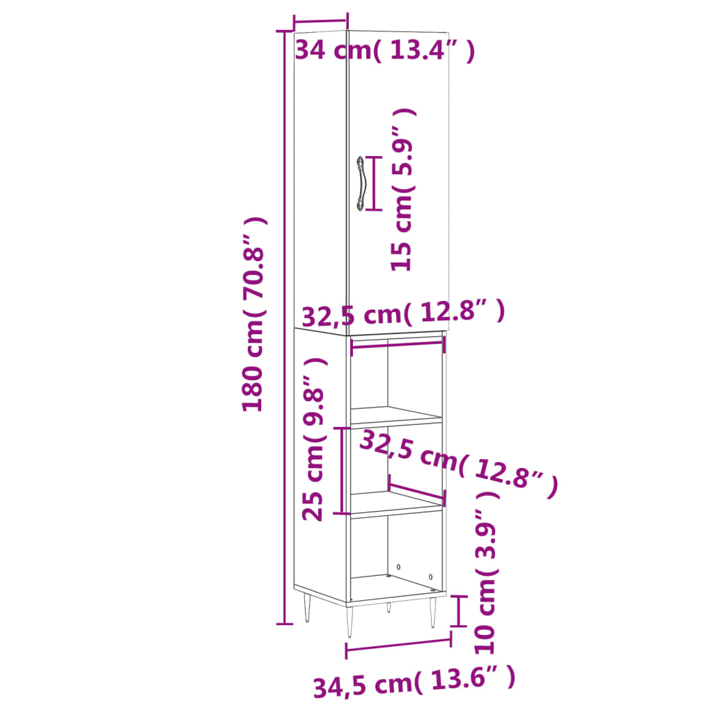 vidaXL Buffet haut Chêne fumé 34,5x34x180 cm Bois d'ingénierie