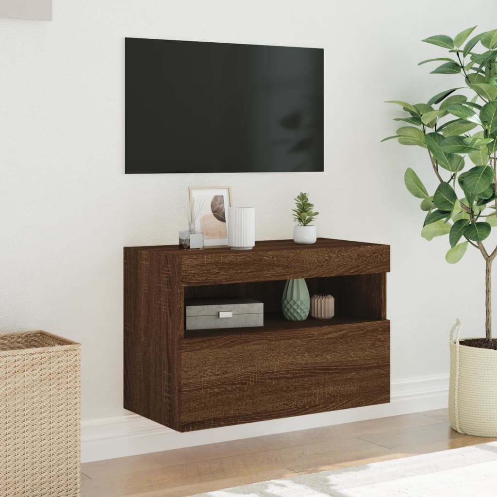 vidaXL Meuble TV mural avec lumières LED chêne marron 60x30x40 cm