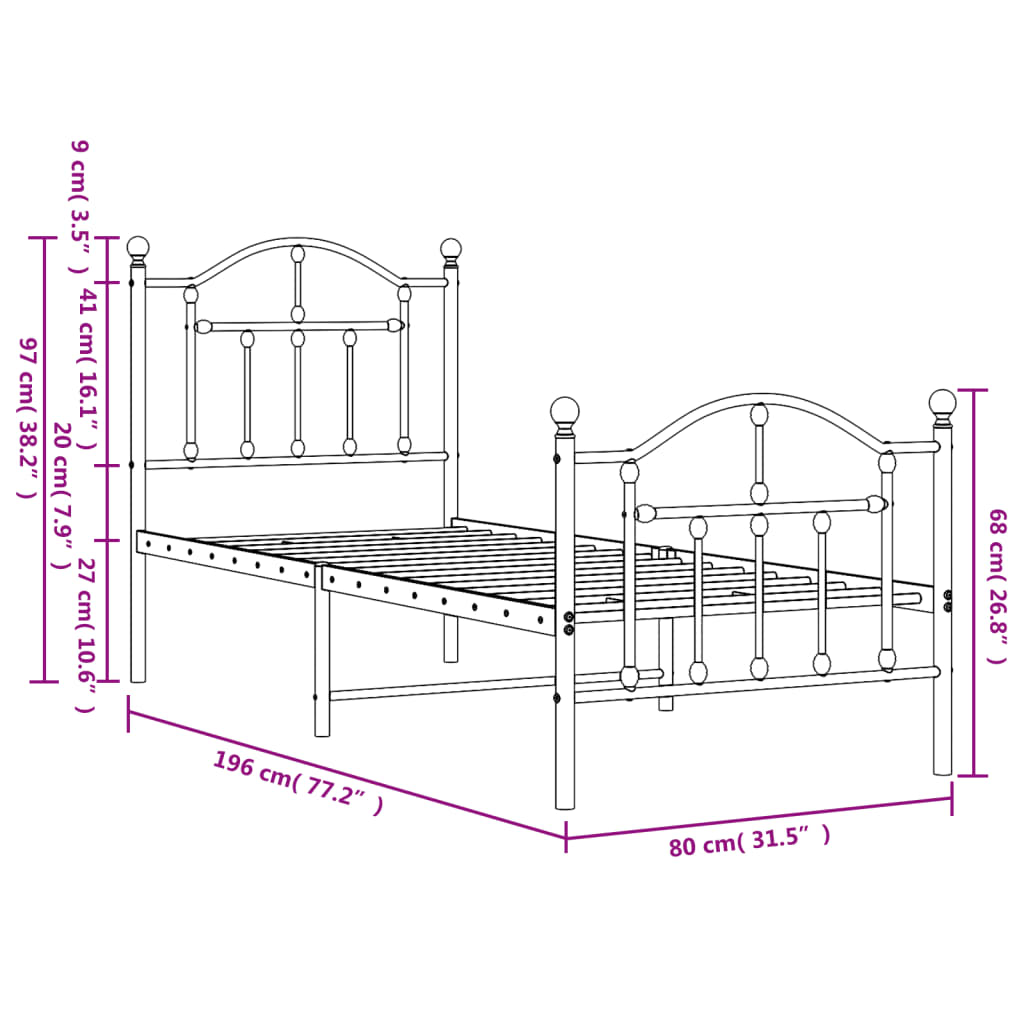 vidaXL Cadre de lit métal sans matelas avec pied de lit noir 75x190 cm