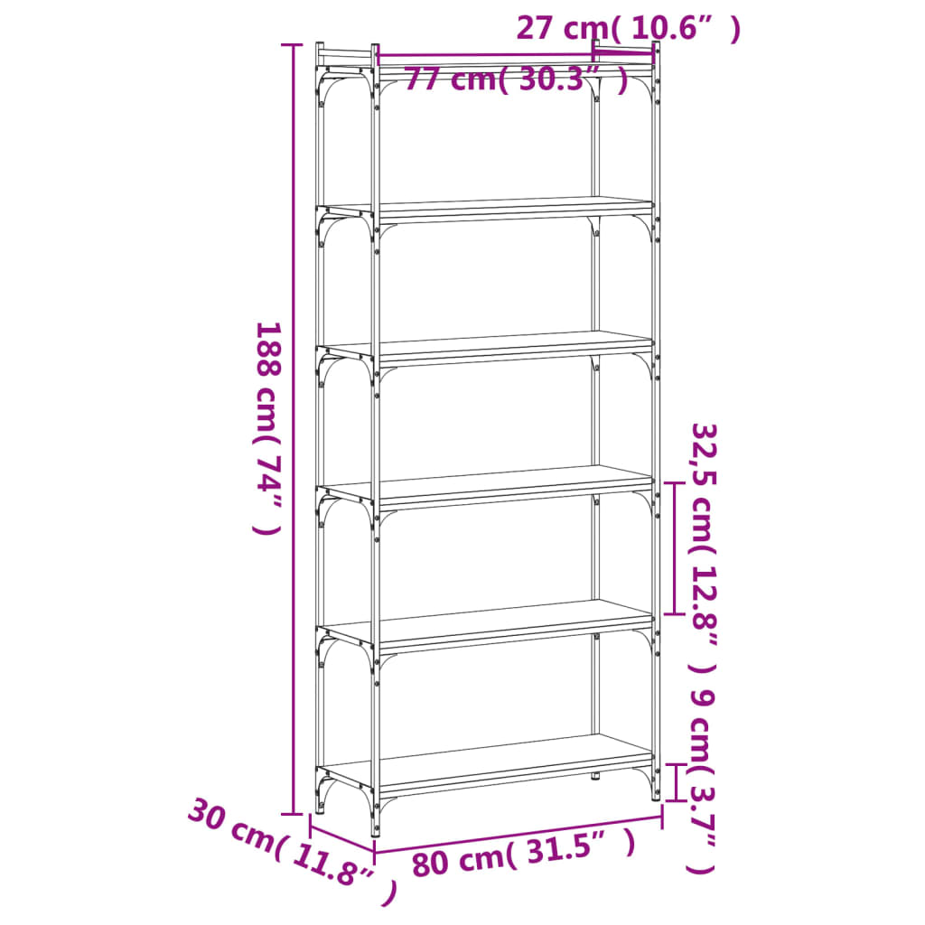 vidaXL Bibliothèque 6 niveaux chêne fumé 80x30x188cm bois d'ingénierie