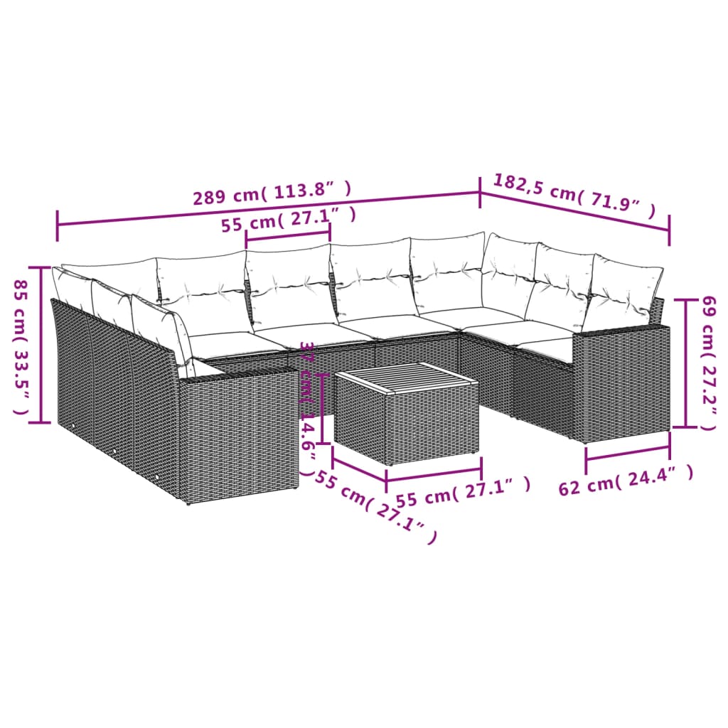 vidaXL Salon de jardin 10 pcs avec coussins noir résine tressée