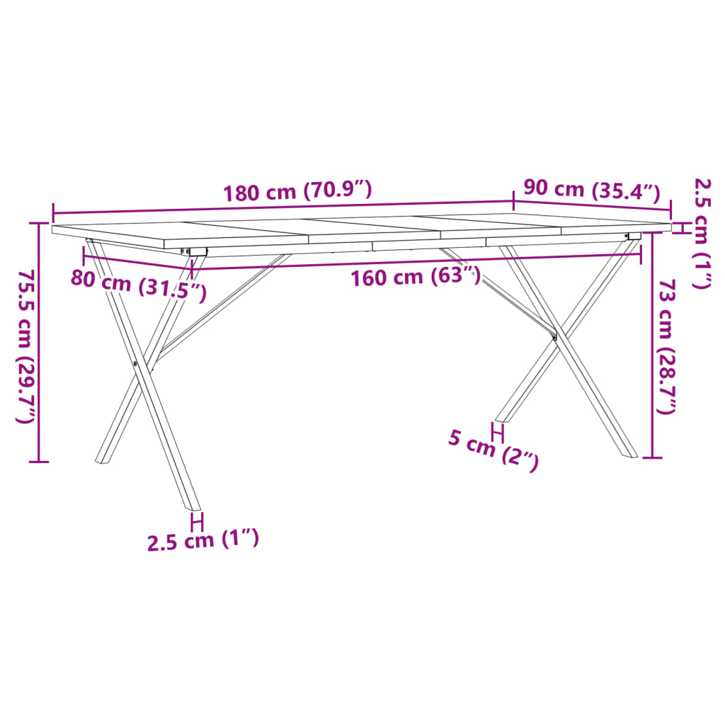 vidaXL Table à manger cadre en X 180x90x75,5 cm bois pin massif acier