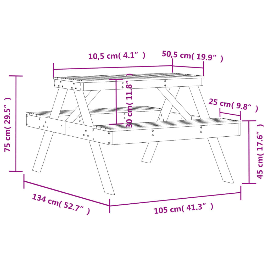 vidaXL Table de pique-nique 105x134x75 cm bois massif de pin