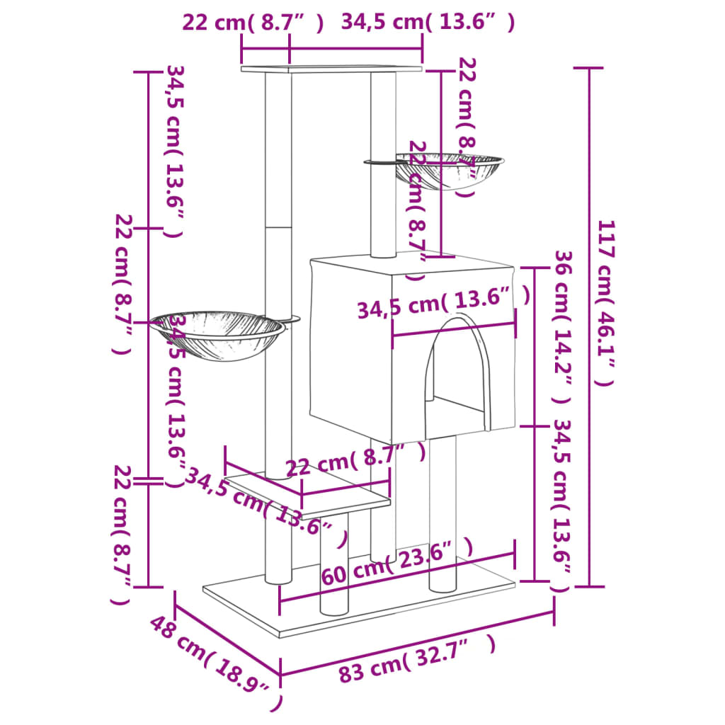 vidaXL Arbre à chat avec griffoirs en sisal gris clair 117 cm