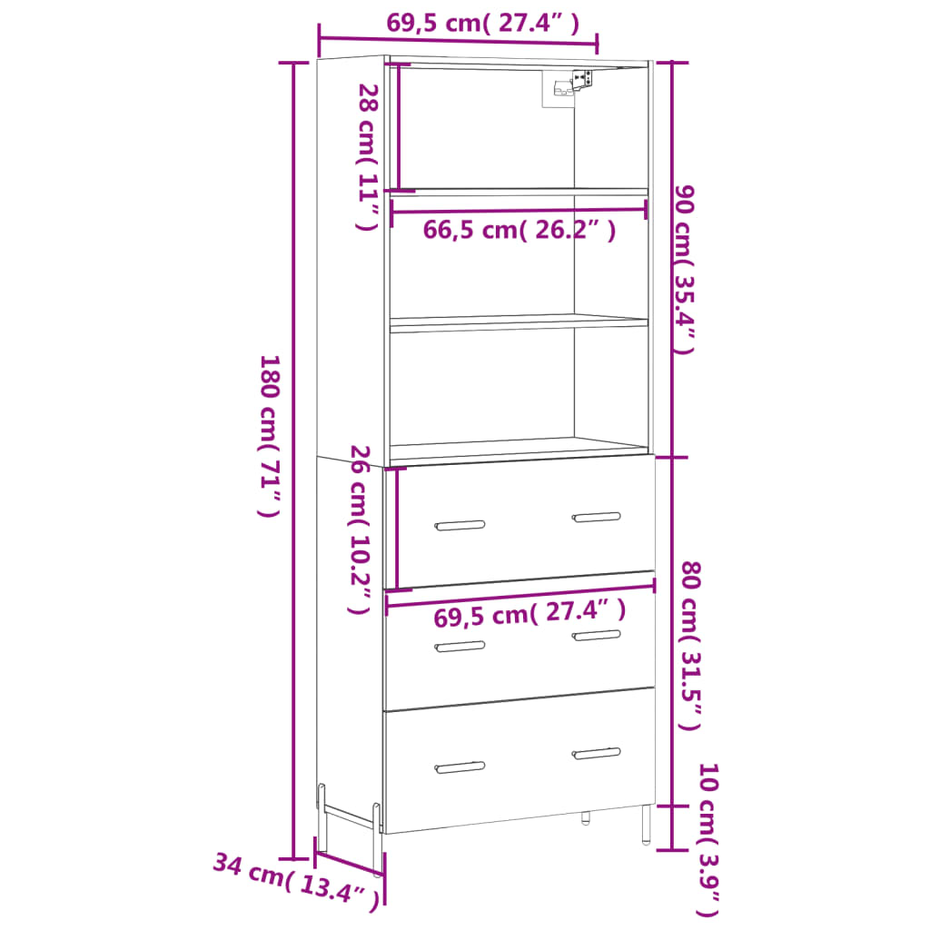 vidaXL Buffet haut Blanc 69,5x34x180 cm Bois d'ingénierie