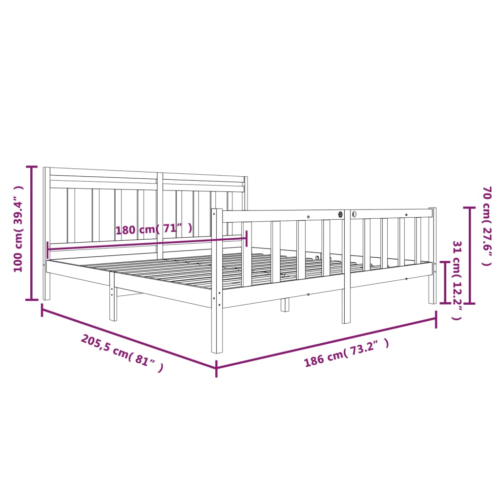 vidaXL Cadre de lit Noir 180x200 cm Super King Bois massif