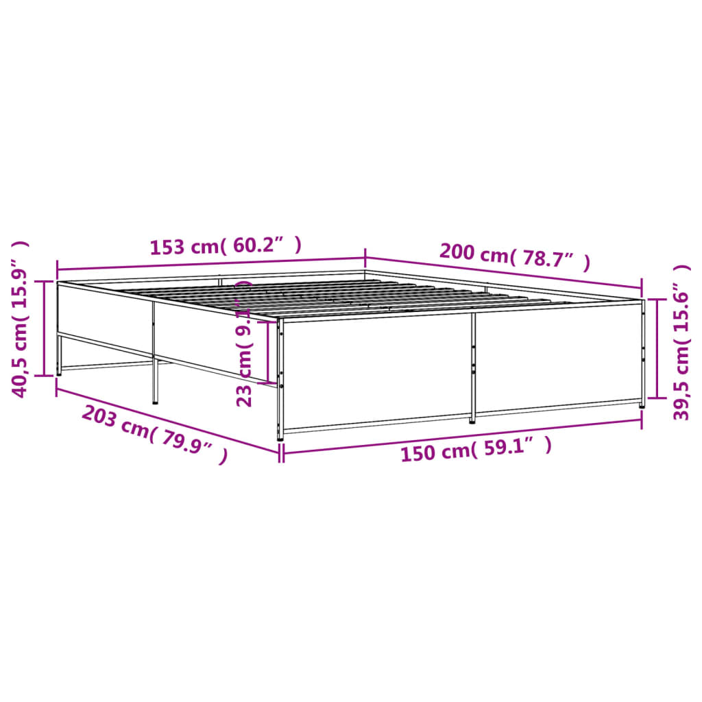 vidaXL Cadre de lit sonoma gris 150x200 cm bois d'ingénierie et métal