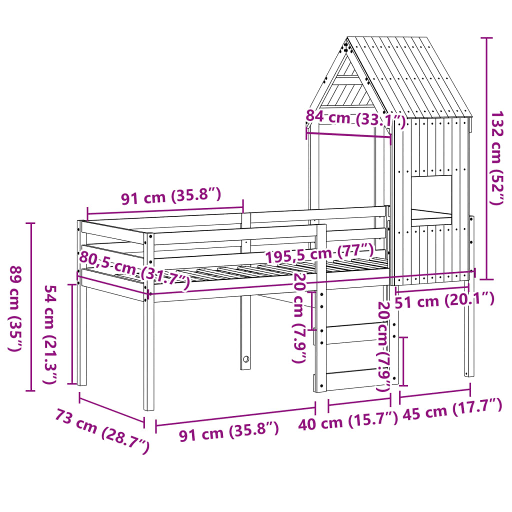 vidaXL Lit haut avec toit 75x190 cm bois de pin massif