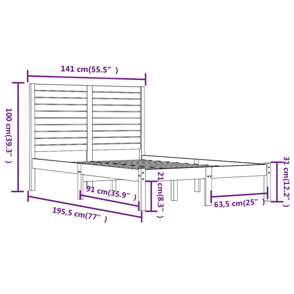 vidaXL Cadre de lit Noir Bois massif 135x190 cm Double