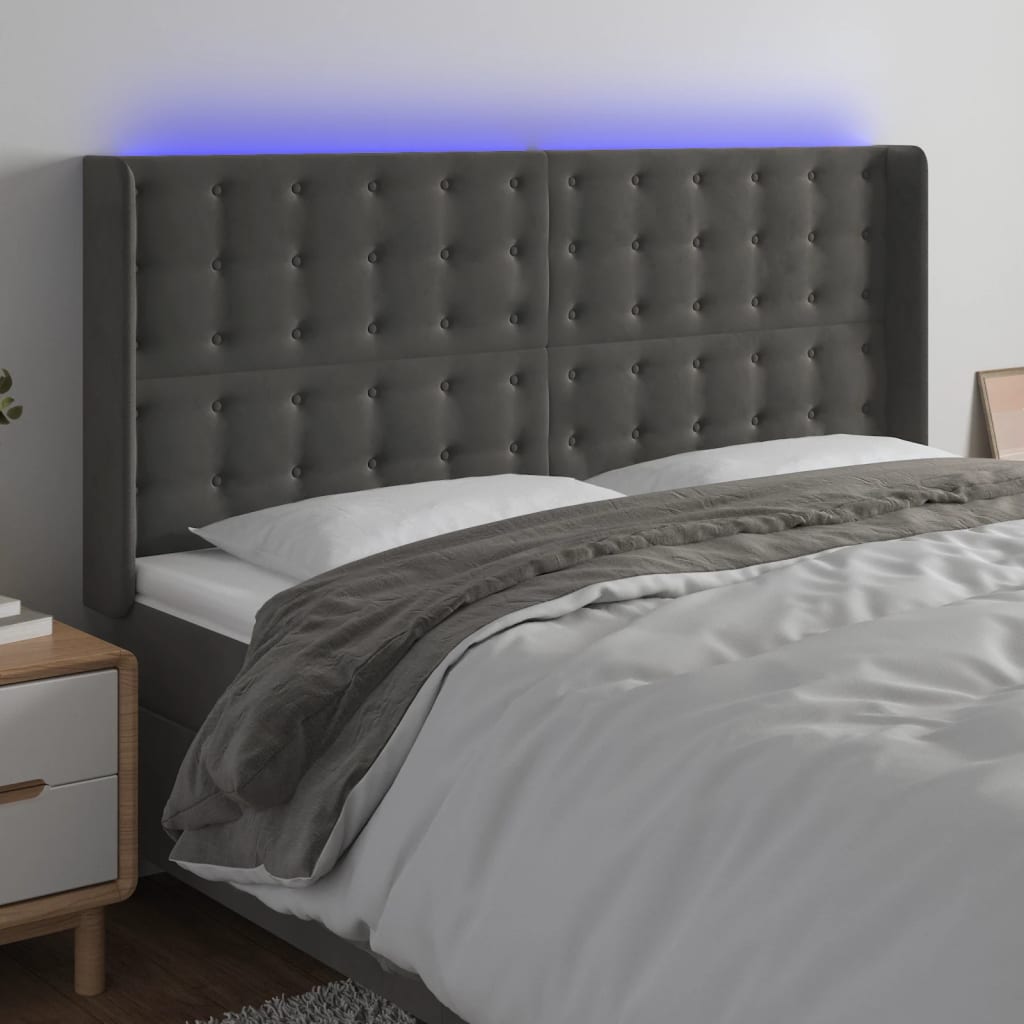 vidaXL Tête de lit à LED Gris foncé 163x16x118/128 cm Velours