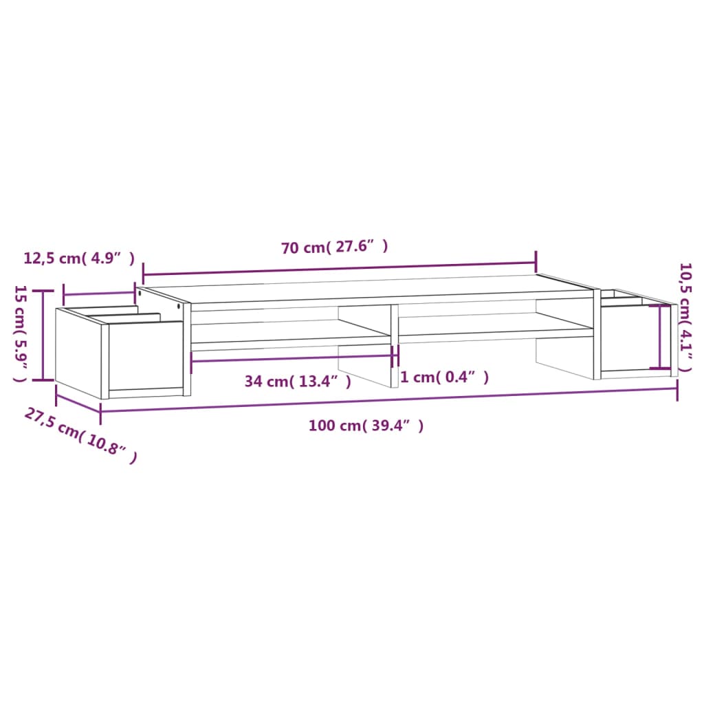 vidaXL Support de moniteur Gris 100x27,5x15 cm Bois de pin solide