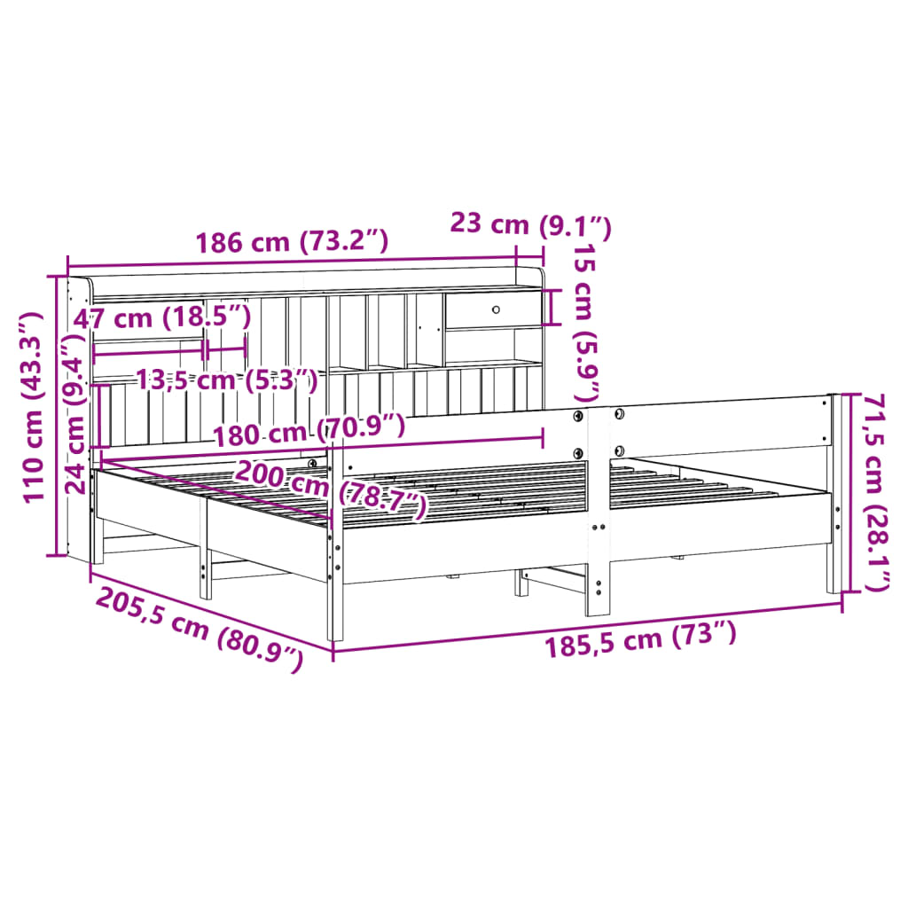 vidaXL Lit bibliothèque sans matelas blanc 180x200 cm bois pin massif